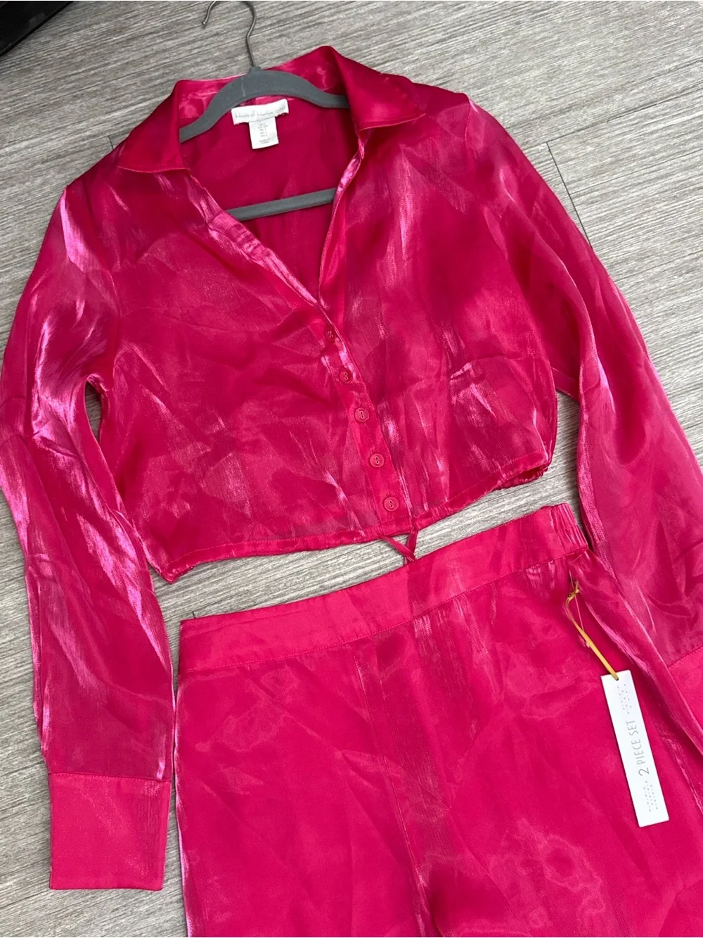 House of Harlow 1960 Hot Pink Satin 2 Piece Crop Top Wide Leg Pants Set S NWT